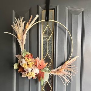 16 Inch Fall Wreath Modern Hoop Front Door Pampas Pumpkin Simple Minimalistic